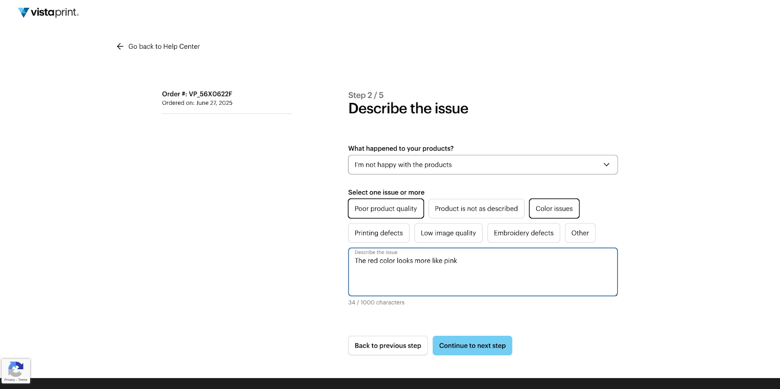 A screen with the option to describe the issue, select from a number of sub-issues and add a comment
